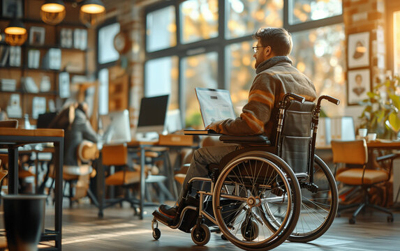 Man in wheelchair using laptop. Generative AI