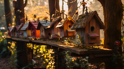 Colorful birdhouses perched on a bridge