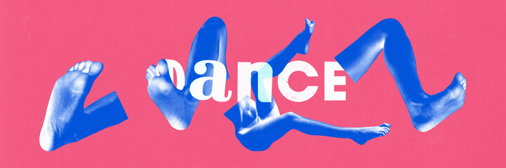 Banner. Contemporary art collage. Legs in blue duotone filter dancing against vibrant pink...