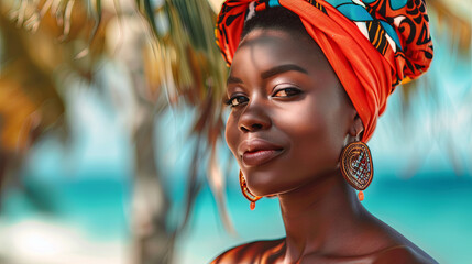 Portrait of an African young woman having a wonderful rest on the ocean beach