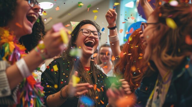 Joyful Celebration with Confetti and Smiles. Group of friends joyfully celebrating with colorful confetti and bright smiles, capturing the essence of happiness and fun