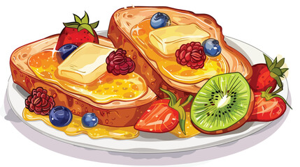Tasty toasted bread with honey butter and fruits 