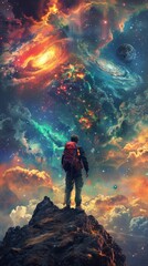 Obraz premium Backpacker stands atop a peak, gazing into a surreal cosmic skyscape