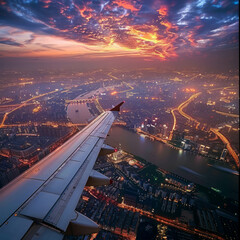 Stunning aerial perspective of the cityscape at dusk seen through an airplane window, featuring a...