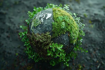conceptual image of the Earth split in half, half covered in lush green forest and the other half showing barren land. Represents the contrast between environmental health and degradation.
