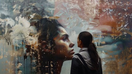 A woman stands in front of a portrait of a girl painted on the wall