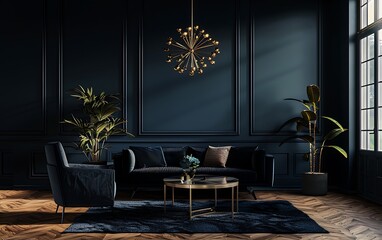 Modern interior design of a living room with a navy blue wall, a black sofa and coffee table, a golden chandelier, an armchair and a carpet on a wooden floor