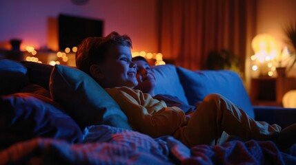 Naklejka premium A boy is watching a movie on the sofa in the living room with his parents.