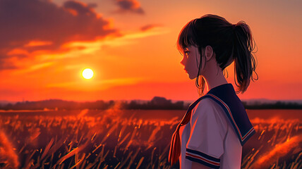 An anime schoolgirl watching a serene sunset in field in the countryside. In the style of anime art. Anime twilight.