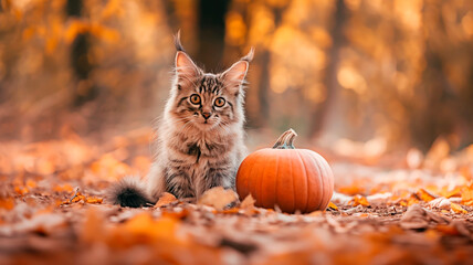 An adorable maine coon kitten beside a pumpkin amidst fall leaves in the outdoors. Cat against fall backdrop.