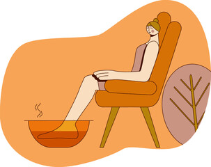 Foot baths with essential oils. Aromatherapy for legs. SPA design concept.  Isolated flat vector illustration.