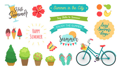 Summer town clipart. Bright icon set featuring banners with lettering phrases, bicycle, ice cream, popsicle, fruit, cocktail, lemonade, street plants in pots. Summer in the city design elements. © Cute Design