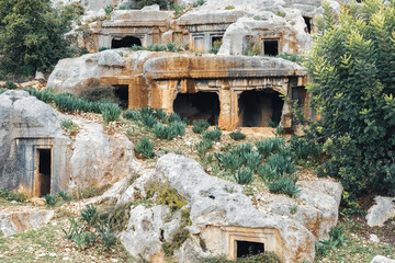 Time-worn Lycian tombs amidst lush Mediterranean vegetation