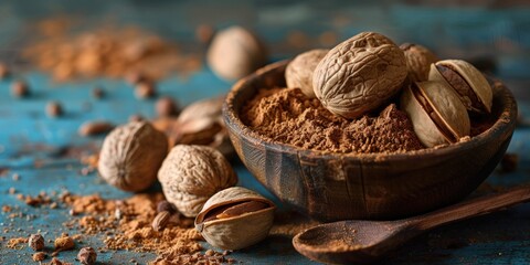 A wooden bowl filled with nuts on a blue table. Perfect for food and nutrition concepts