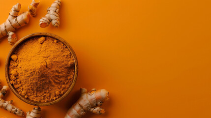 Top view of turmeric powder in a bowl with scattered fresh curcuma roots on a bold orange backdrop with copy space