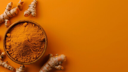 Fototapeta premium Top view of turmeric powder in a bowl with scattered fresh curcuma roots on a bold orange backdrop with copy space