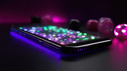 Smart mobile phone on the table with a gift in colorful background