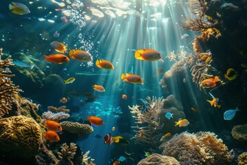 Underwater paradise tranquil scene of colorful coral reef and fish with sunlight beams in ocean depths