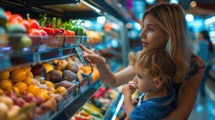 Obraz premium Mother and child. Children have fun shopping in the supermarket. Hypermarket