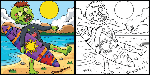 Zombie Surfer Coloring Page Colored Illustration