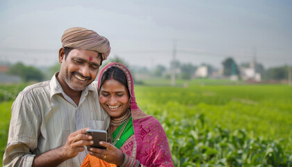 Indian farmer using smartphone with wife at agriculture field