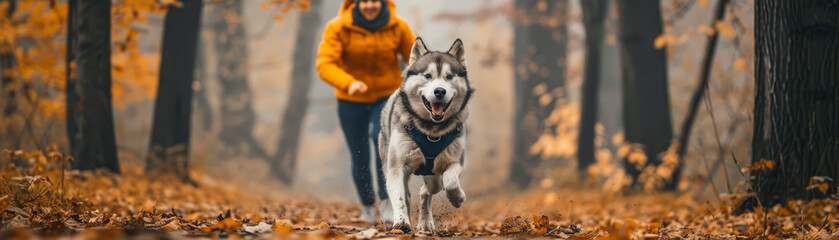 Fototapeta premium A joyful Husky with striking blue eyes is enjoying a snowy day, as delicate snowflakes fall around its fluffy coat.