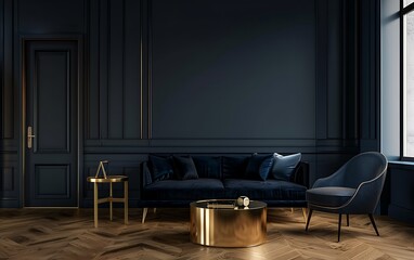 Modern interior design of a living room with a dark blue wall, a black sofa and a golden coffee table, a wooden floor and an armchair