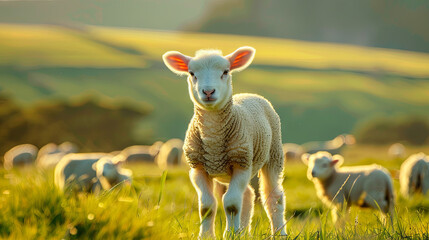A young sheep grazes in the mountainous area and eats tasty grass