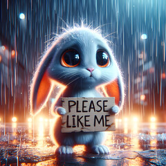 Sad Bunny in the Rain Holding 'Please Like Me' Sign