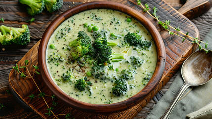 Cream of broccoli soup in a wooden plate