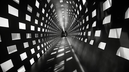 Obraz premium Black and white image of an illuminated train tunnel with geometric patterns.