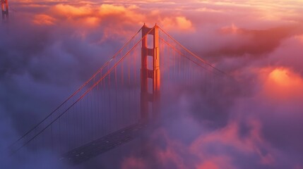 Obraz premium Aerial view of a bridge emerging through fog at sunrise.
