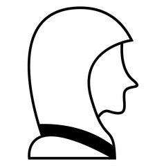 Women hijab icon. female saudi arab. islam lady. Beautiful muslim girl avatar cover. head scarf Eastern  Clothing logo. solid style pictogram. Vector illustration. Design on white background. 