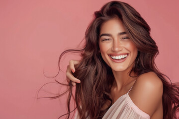 Young beautiful indian woman smiling on pink background