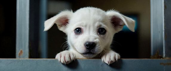 A cute white puppy peeking out from behind a wooden fence - Powered by Adobe