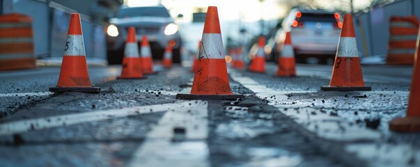 A row of orange traffic cones lined up neatly on a road. This image highlights the concept of road safety and construction work, showcasing traffic management and hazard warning equipment. 