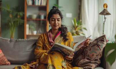 young woman reading a magazine at home