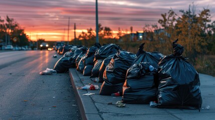 A row of garbage bags on the side of a road. Suitable for environmental concepts