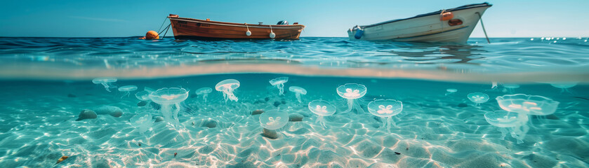 Obraz premium A quaint lakeside cabin overlooks a clear, vibrant lake teeming with delicate jellyfish, creating a serene and unusual aquatic scene.