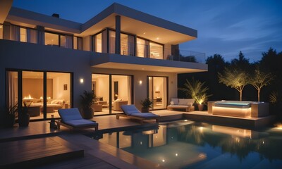 Fototapeta premium A modern luxury villa with a swimming pool and outdoor lounge area at night. The villa has a unique architectural design with large windows. The outdoor area features comfortable lounge chairs with 