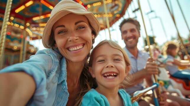 Happy children and family in amusement park at carousel
