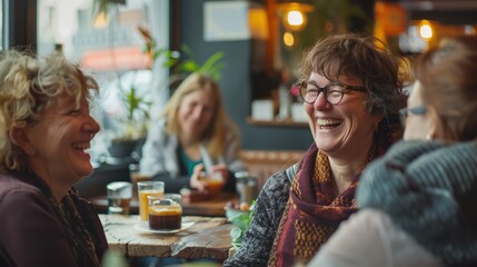 A group of middle-aged women laughed and chatted happily in a coffee shop.