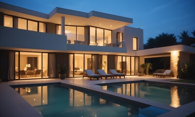 Fototapeta premium A modern luxury villa with a swimming pool and outdoor lounge area at night. The villa has a unique architectural design with large windows. The outdoor area features comfortable lounge chairs with 