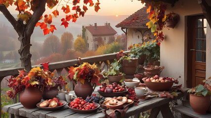 View to a rustic terrace filled with pots with autumn flowers and a vine full of red leaves and bunches of grapes. In the foreground a wooden table with a copious breakfast, coffee, bowls, vases and p