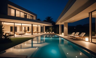 A modern luxury villa with a swimming pool and outdoor lounge area at night. The villa has a unique architectural design with large windows. The outdoor area features comfortable lounge chairs with 