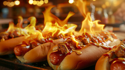 Very spicy Hod dogs in the flames of the kitchen.