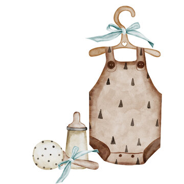 recommend clip art: Baby watercolor. Hand drawing of children's things and accessories. Clip art of romper on wooden hanger with bow, rattles, milk bottles on isolated white background. In Scandinavian style for the
