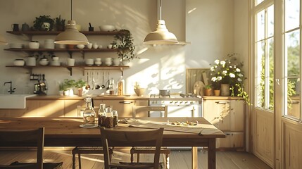 A farmhouse kitchen with neon beige pendant lights over the dining table, creating a homely feel.