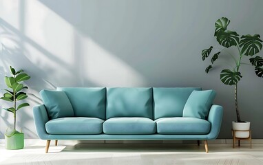 Modern interior design of living room with light blue sofa and copy space wall mock up background