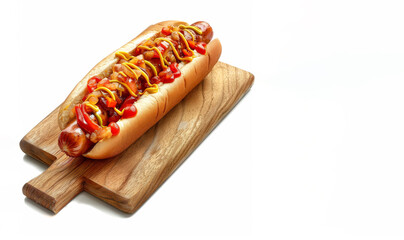 Hot dog on a wooden board